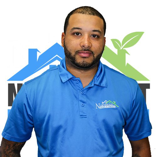 A headshot of Demetrick, a company employee, wearing a blue Northeasy Home & Energy polo