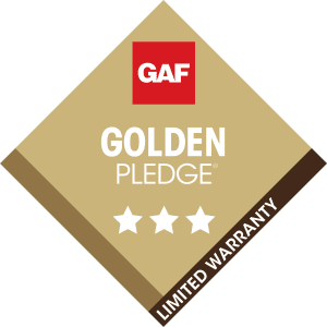 An advertisement for GAF Golden Pledge, a limited warranty option for newly-installed roofing systems