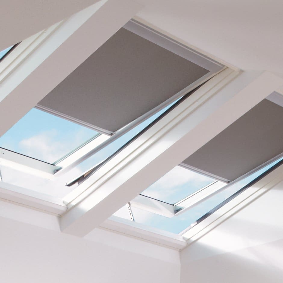 A photo from below installed velux skylights showing blue skies and white clouds