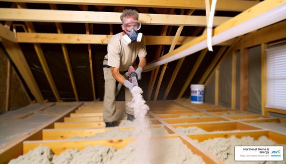 Northeast Home & Energy employee uses a hose to distribute insulation in attic